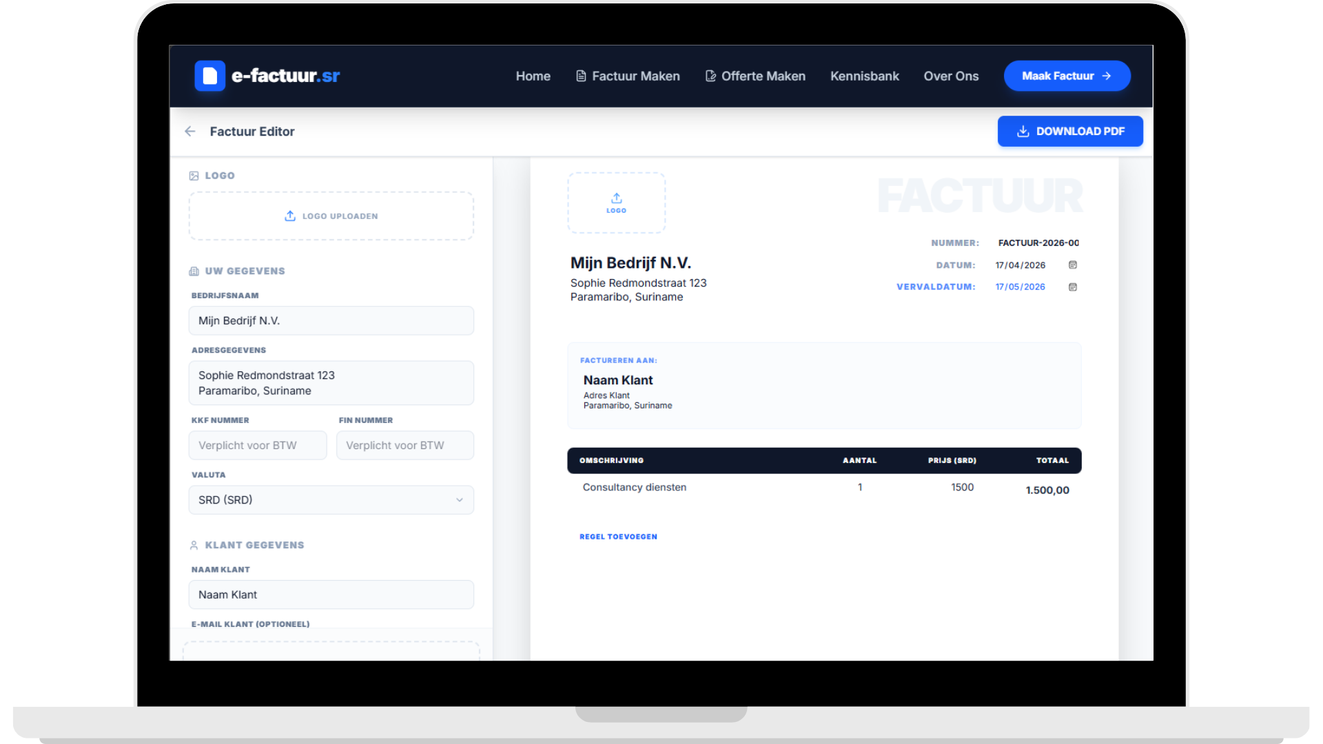 e-factuur.sr Interface Preview